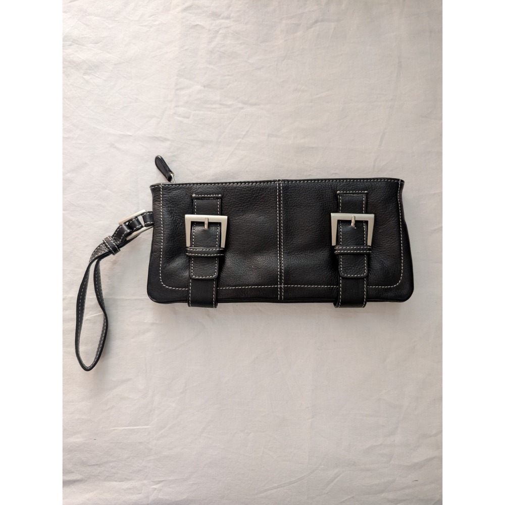 Barney's New York Clutch Classic Black Leather Wallet Wristlet Buckles 9x4"
